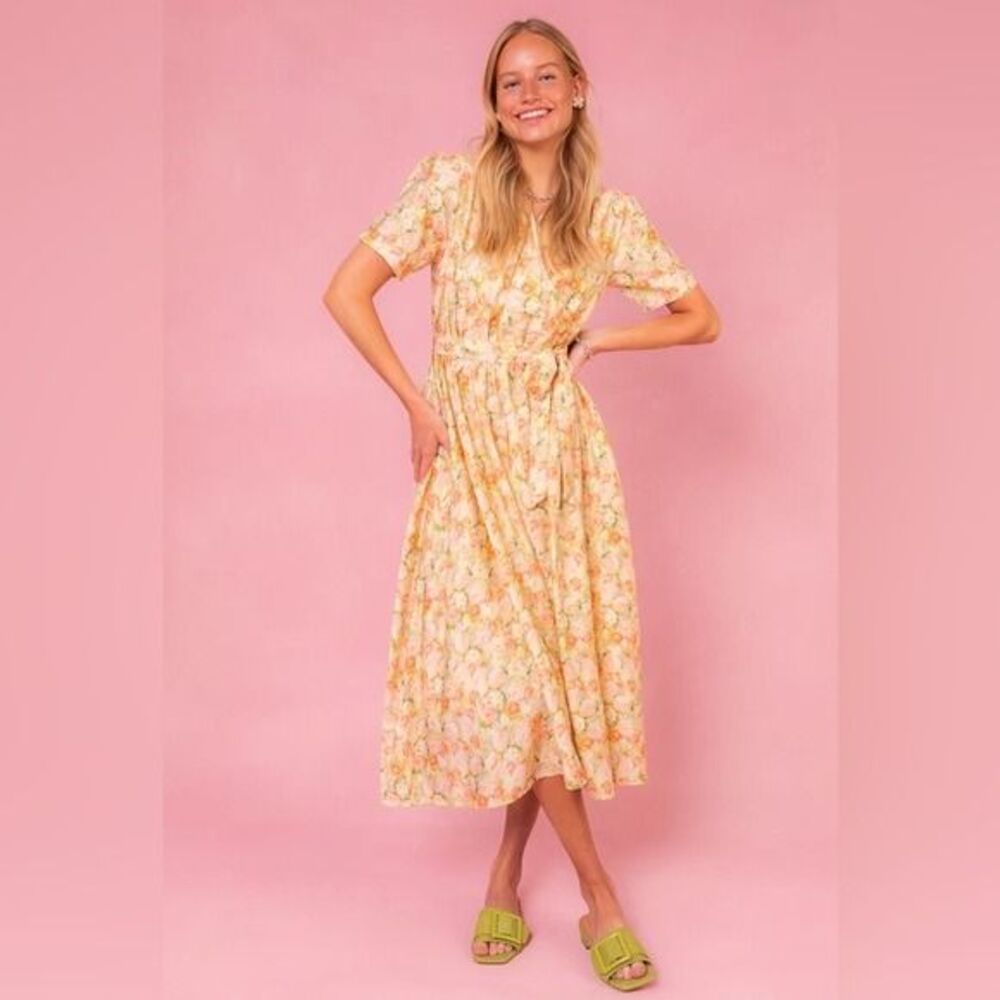Ivy City Co faux wrap Lyra Midi Dress Yellow Floral Print Cottagecore size 2